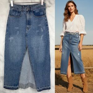 NWT Indefeir Studios High Waisted Split Slit Denim Jean Midi Skirt Retro Blue XS